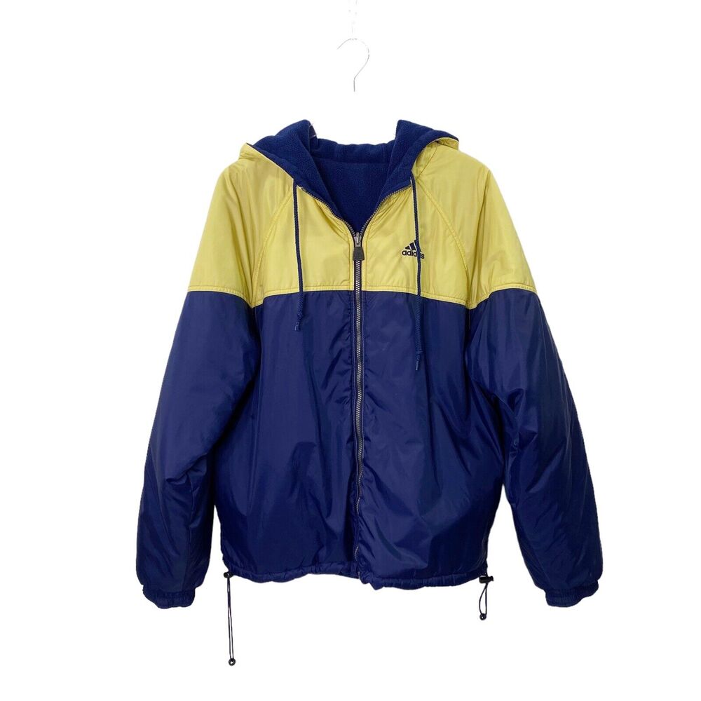 Adidas Reversible Jacket Coat Size Large Navy Blue And Yellow 90s Fleece/Nylon